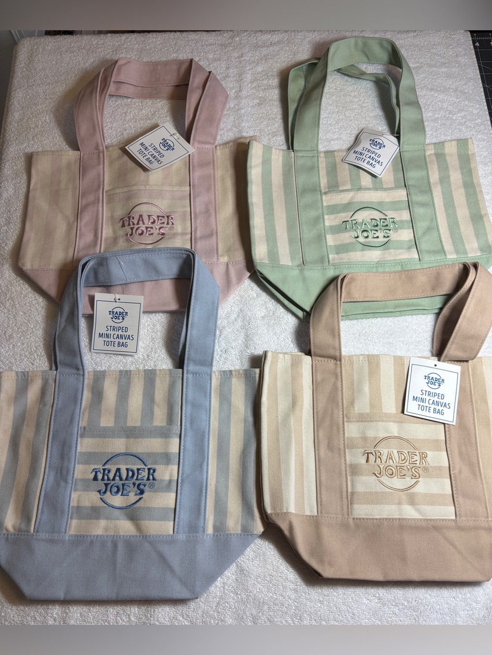 Trader Joe’s Mini Striped Canvas Tote Bag’s w/Pocket Blue, Pink, Green & Tan NWT